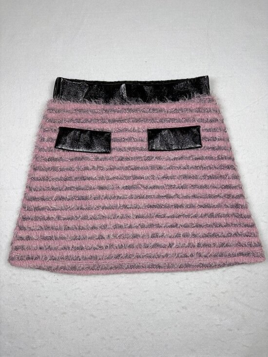 kidpik Other - KIDPIK Pink Eyelash Fuzzy Knit Striped Mini Skirt Faux Leather Coquette Y2K 10 M